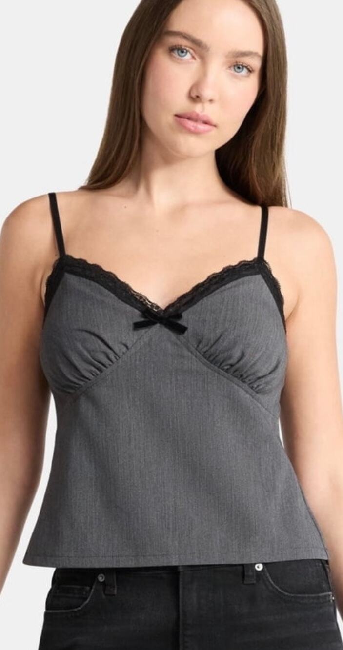 No Boundaries Women's Small Sweetheart Tank Top Lace Trim Charcoal ruched busts